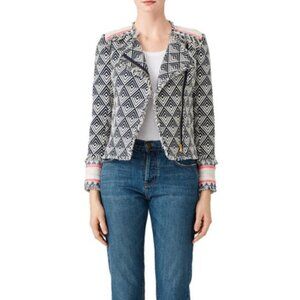 TRINA TURK Tia Rent The Runway Navy White Fringe Bomber Jacket Blazer 2